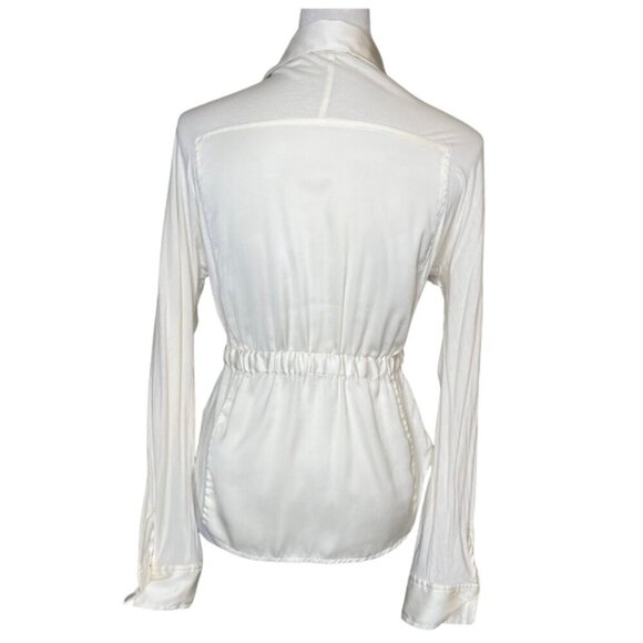 New York & Company Women's Cream Button Down Blouse Top Roll-Tab Tie Waist Small - Picture 3 of 9